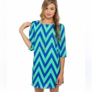 ❤️289 Everly Blue Green Chevron Shift Tunic Dress Small Geometric Work Casual